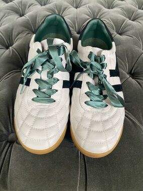 Gola White Sneakers with Black Stripes and Green Interior